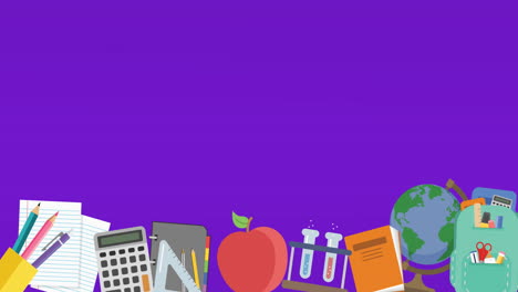 animación de múltiples iconos de concepto escolar contra un fondo púrpura con espacio de copia