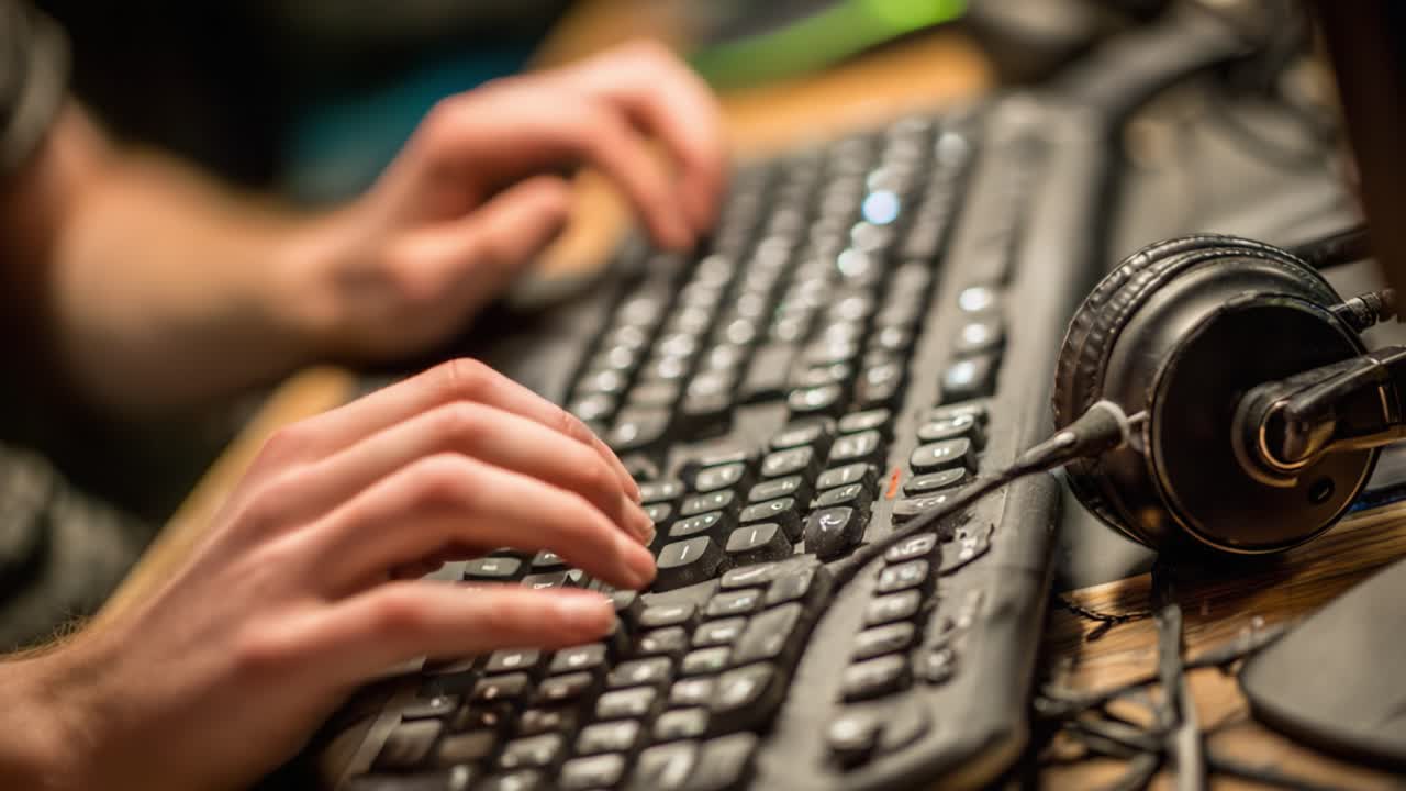 A Close-Up View of Hands Typing on a Keyboard with Headphones Nearby, Showcasing the Intense Focus and Engagement in Digital Activity