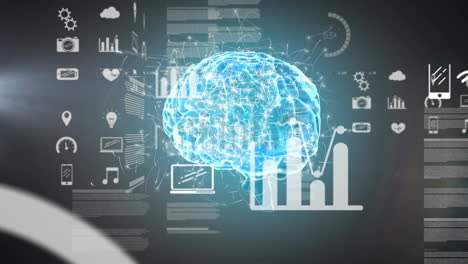 animación del procesamiento de datos con iconos sobre el cerebro digital en fondo negro