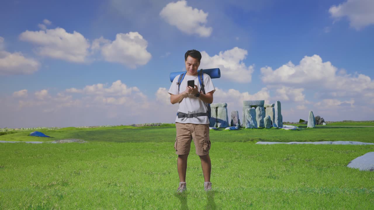 Full Body Of Asian Male Hiker With Mountaineering Backpack Enjoy Using Smartphone While Traveling In Stonehenge
