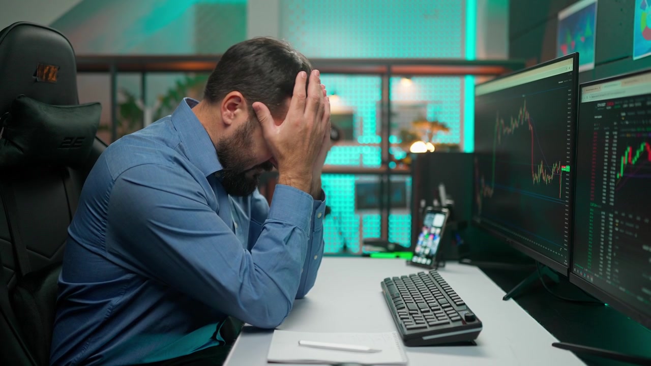 Frustrated Trader Reacts to Stock Market Loss on Multiple Screens