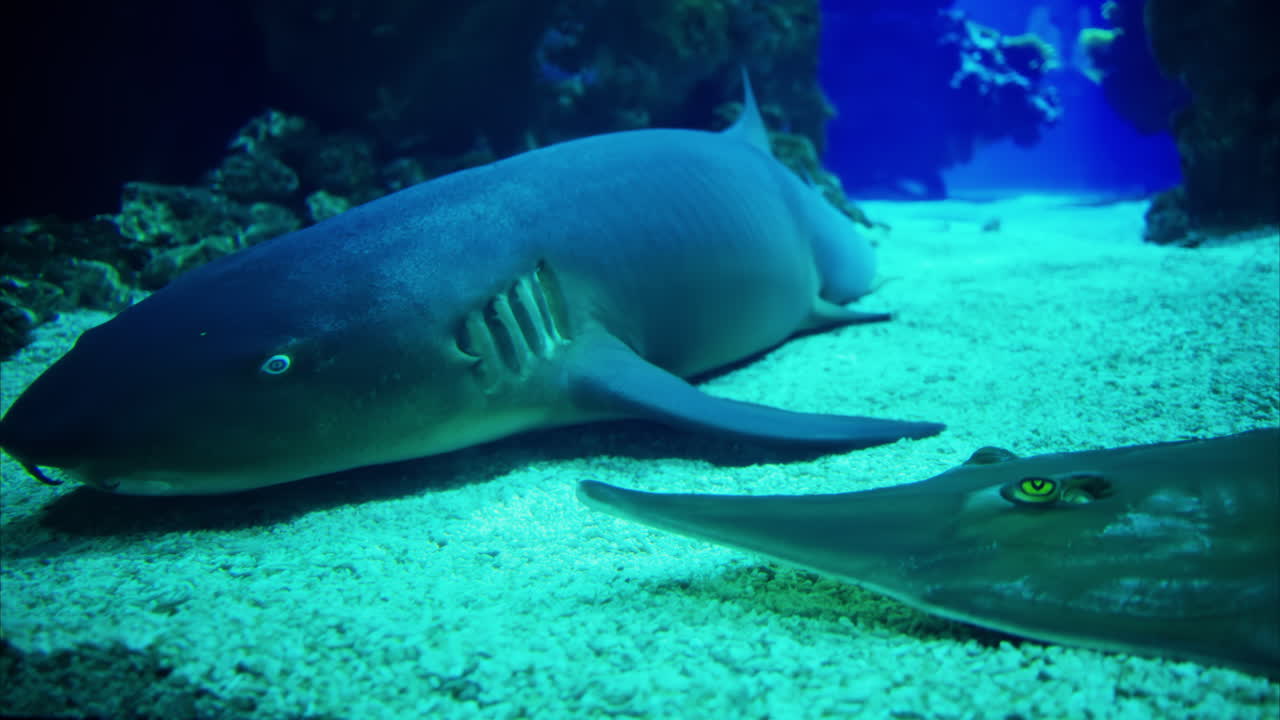 Close up of Rhinobatos fish and a Nurse shark in the water