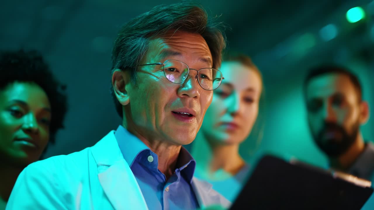 In a dimly lit medical environment, a focused healthcare professional delivers important information and guidance to a diverse team of attentive colleagues, highlighting teamwork and communication in medicine