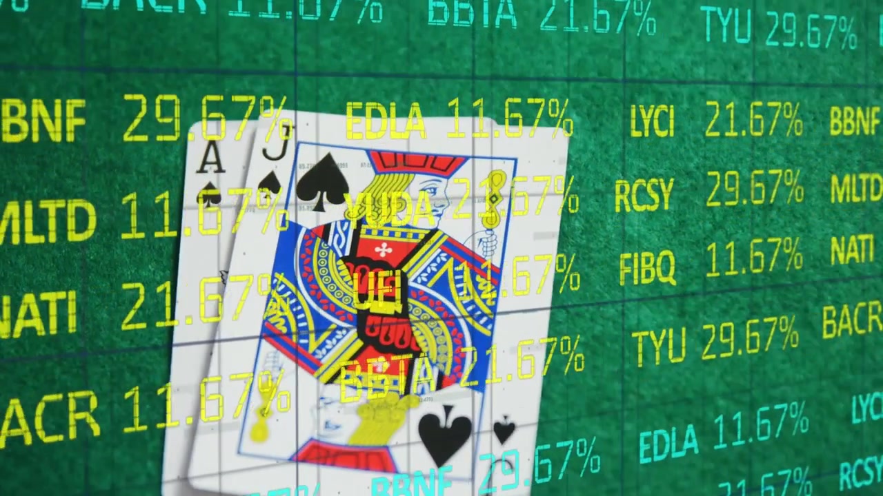 Animação de mercado de ações sobre cartas de baralho em fundo verde