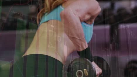 animation of interface processing data over caucasian woman weight training in gym