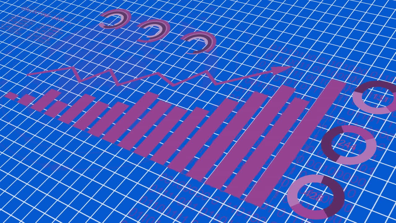 animación del procesamiento de datos estadísticos a través de la red de red contra un fondo azul