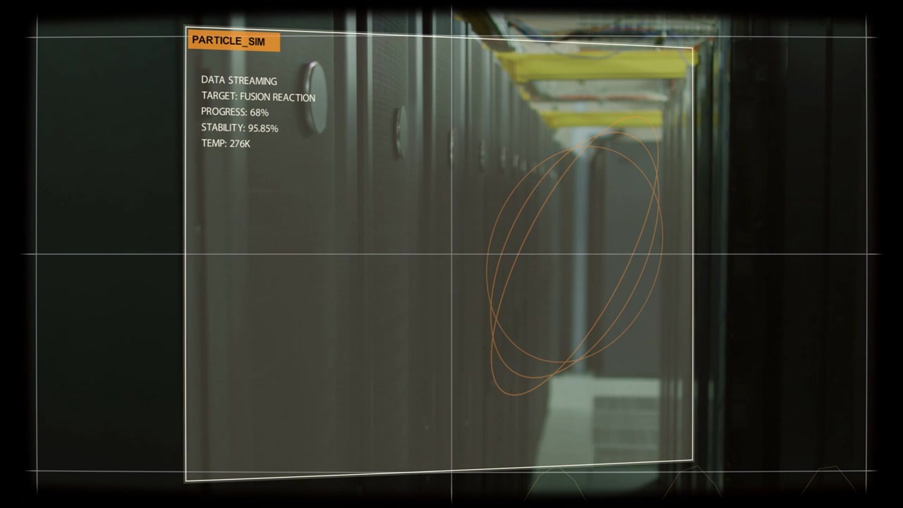 Futuristic Data Center with Digital Interface Displaying Data Streaming and Particle Simulation