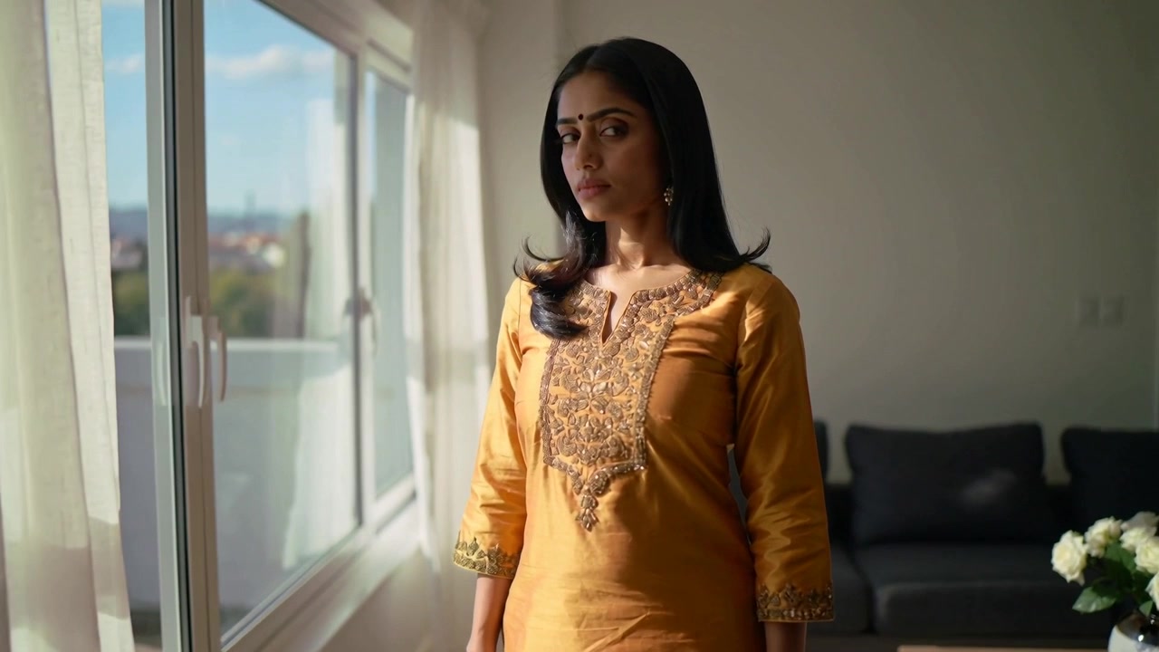 Una donna illuminata dal sole si gira verso la telecamera presso una finestra scorrevole, guardando il balcone, indossando una kurta color senape.
