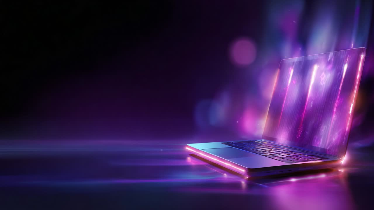 A Futuristic Laptop Illuminated in Vibrant Purple and Blue Hues, Surrounded by a Dreamy Glow, Showcasing Creative Design and Advanced Technology in a Captivating Visual Environment