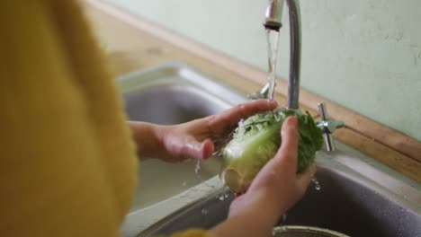 sección media de una mujer caucásica lavando verduras en la cocina