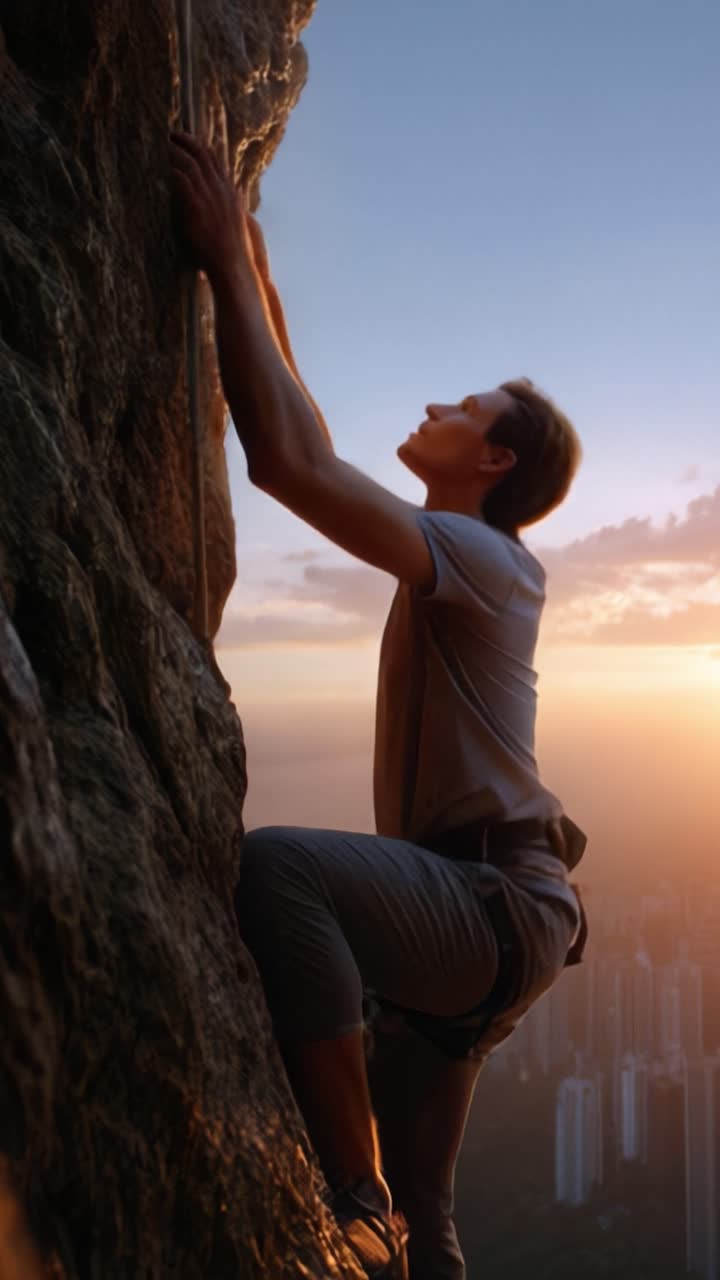 Um Escalador Determinado Ascende uma Parede de Rocha Íngreme ao Pôr do Sol, Exibindo a Beleza da Natureza e a Emoção da Aventura em uma Paisagem Espetacular.