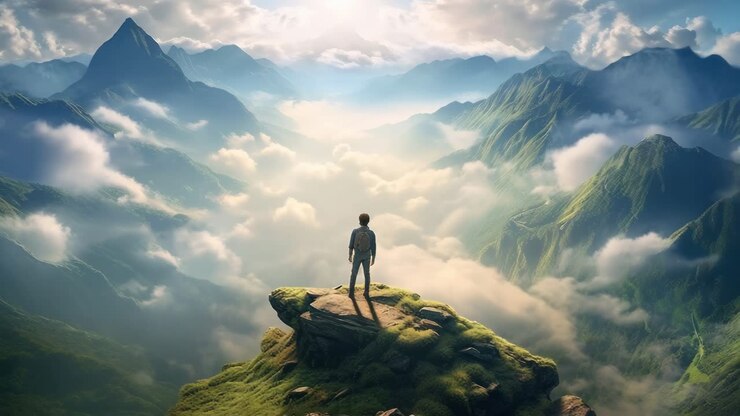 A breathtaking video concept of a lone figure on a mountain peak, captured from a high angle