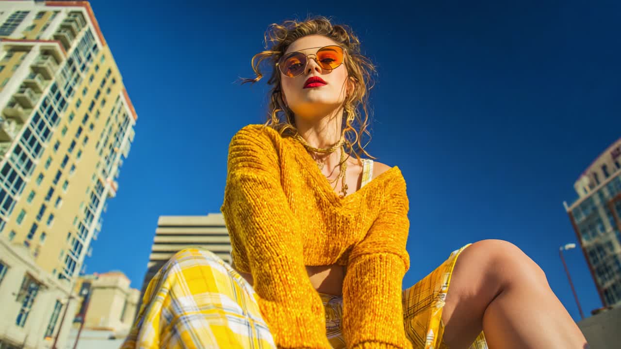 A vibrant young woman in a cozy yellow sweater and stylish sunglasses poses against a bright blue sky, exuding confidence and fashion-forward attitude amidst an urban backdrop, capturing the essence of summer style