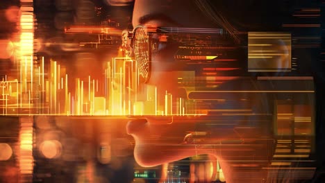 a woman with glasses is looking at a cityscape. the image has a futuristic and urban feel to it