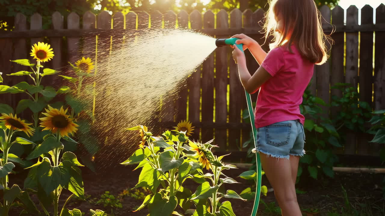 A young girl happily watering sunflowers in a sunlit garden