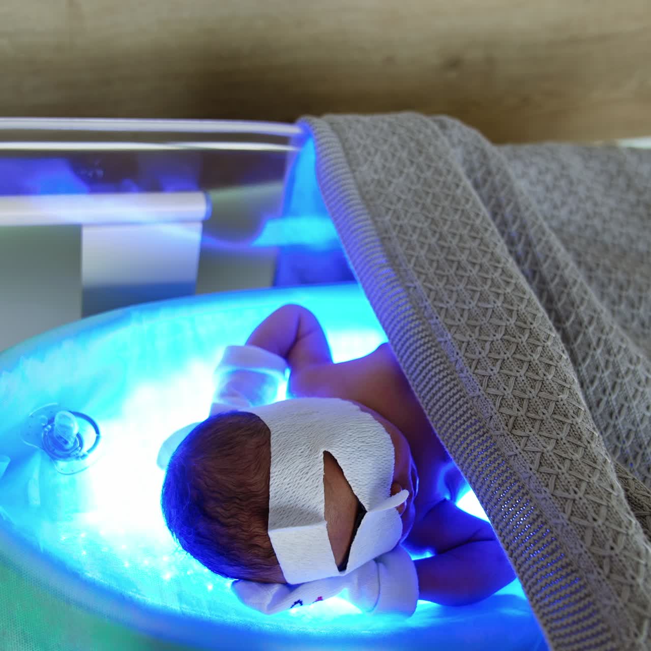 High bilirubin treatment for a baby of three days old. Jaundice therapy in the maternity hospital. Close up