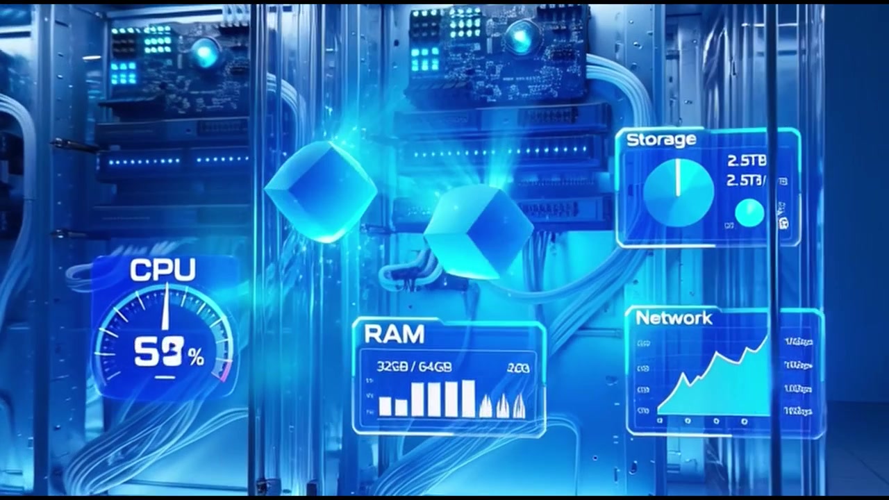 Digital Data Center Server Racks with Real-Time Performance Monitoring HUD