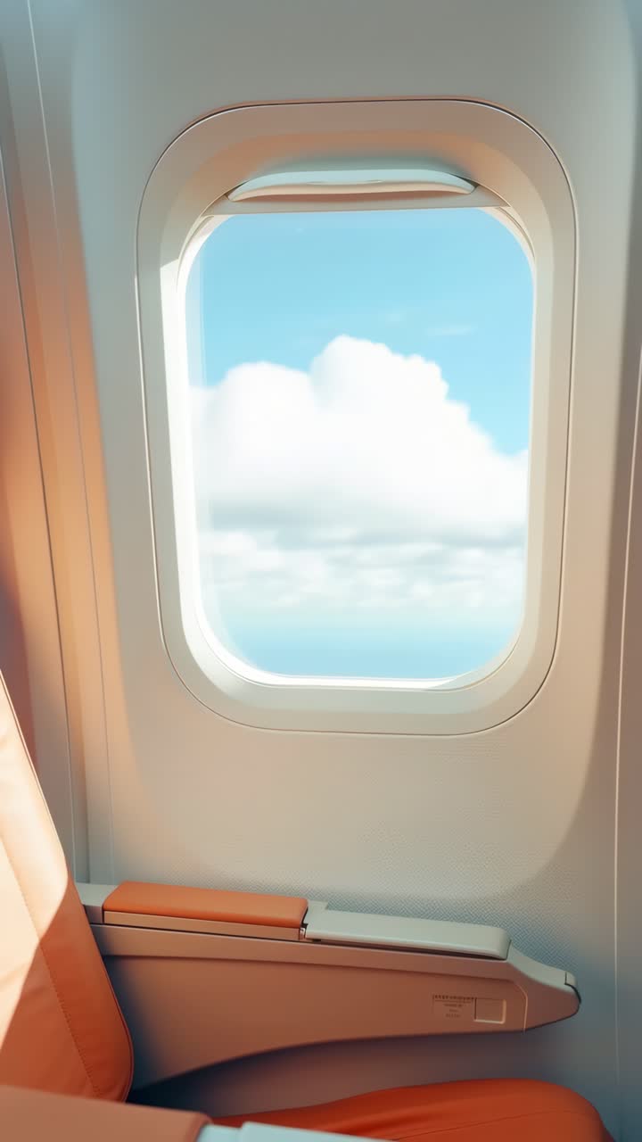 A serene view from an airplane window showing blue skies and clouds