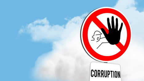 signboard post with stop corruption text against clouds in the blue sky