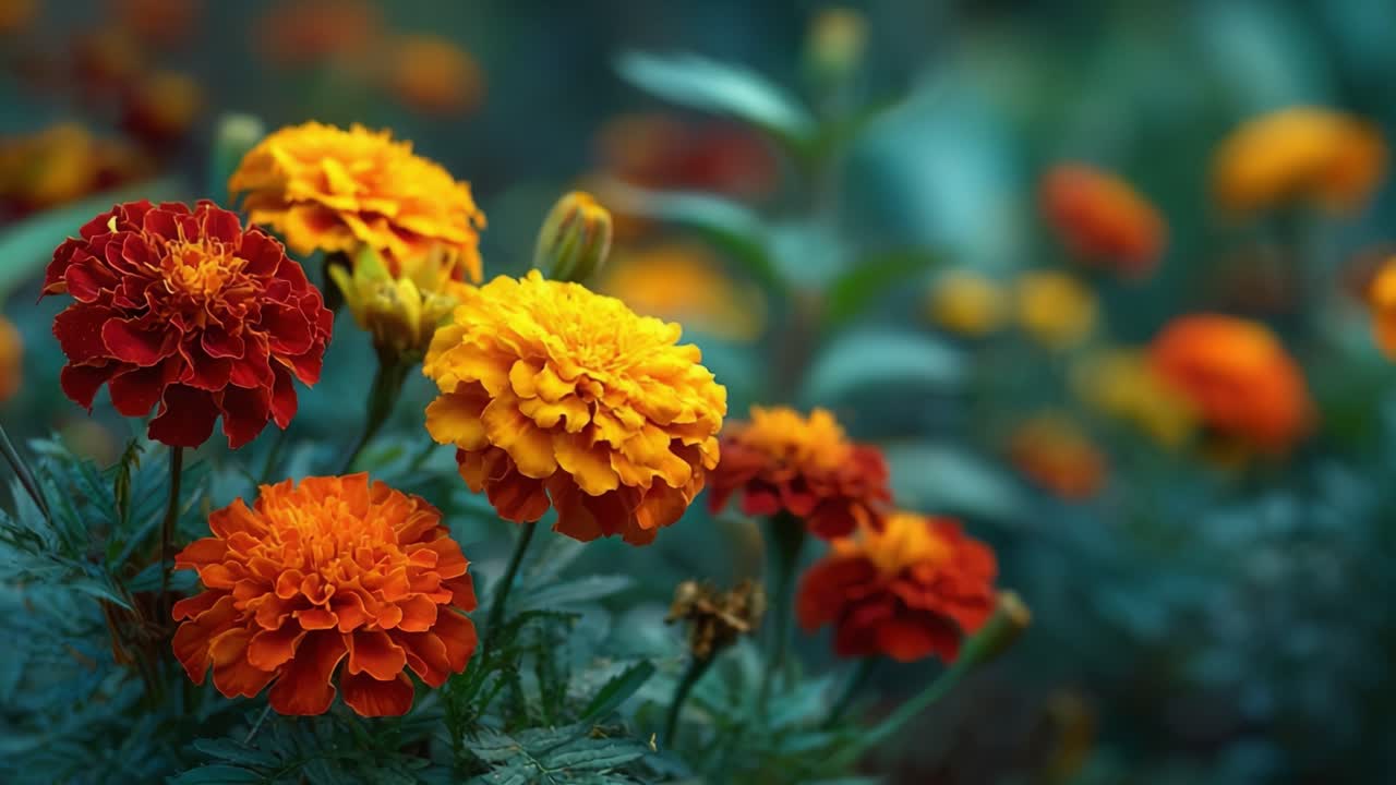 Uno spettacolo mozzafiato di vivaci fiori di calendula in varie tonalità di arancione e rosso su uno sfondo verde tenue, che cattura la bellezza della natura.