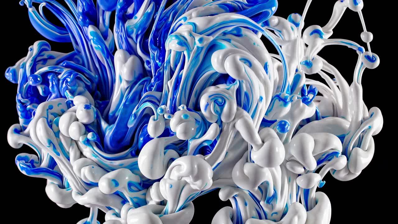 Primo piano dinamico di vernice blu e bianca vorticosa, che ricorda una scultura fluida