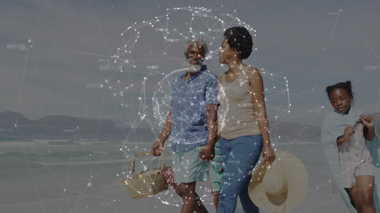 Family walking shore with basket, child moving forward initiating digital sphere showing tech link