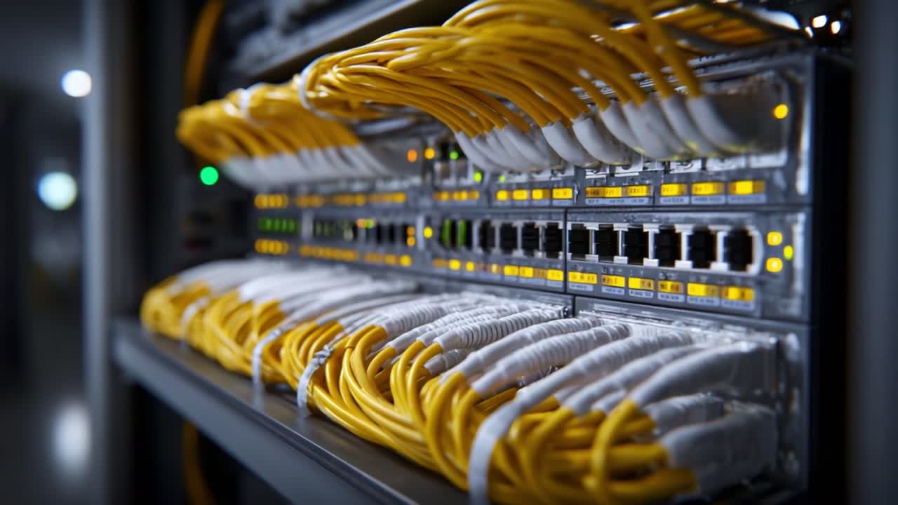 Detailed View of Network Cables and Routers in a Data Center, Showcasing Connectivity and Infrastructure in Modern Telecommunications