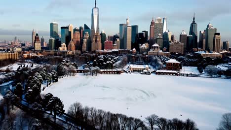 snowy new york city skyline from above