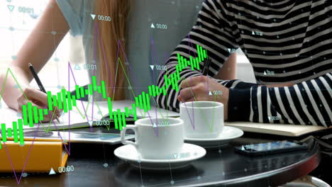 animation of financial data processing over diverse students taking notes in cafe