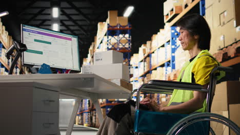 vertical video asian man wheelchair user typing tracking numbers on a computer software