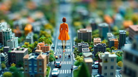 woman in an orange dress stands on a miniature street in a city