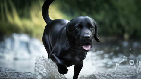 black labrador running through water