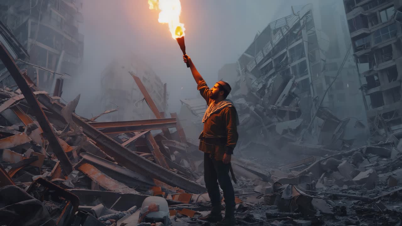 A lone figure with a torch amidst the ruins