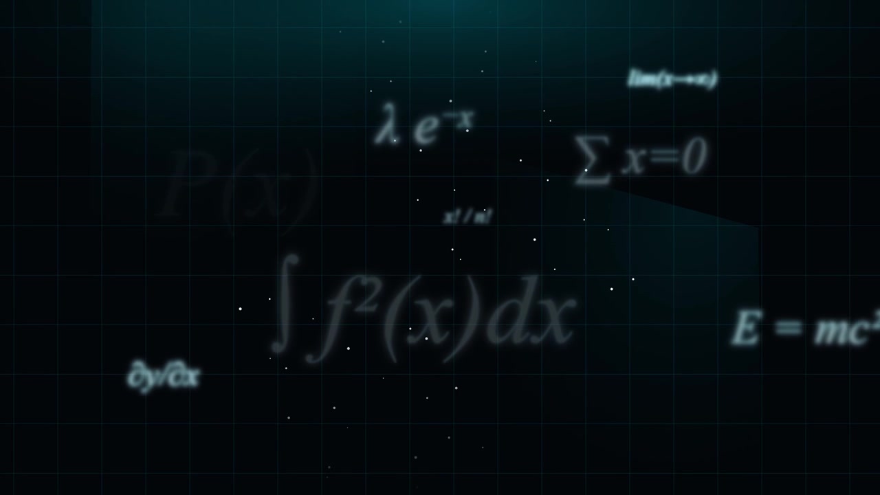 Floating Mathematical Formulas and Scientific Equations on Dark Grid Background