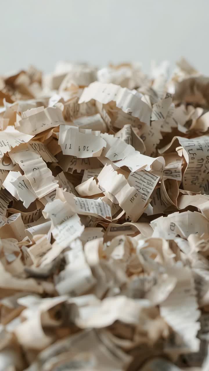 Vertical video: Shifting camera refocusing and revealing receipt shreds on tabletop showing numbers