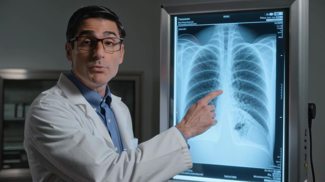 Medico in camice con occhiali che nota una macchia densa, indicando e tracciando su una radiografia del torace in sala lettura mentre spiega, con spazio per il testo.