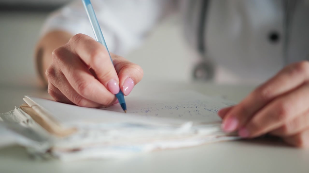 Professionista medico che compila diligentemente i moduli di documentazione sanitaria del paziente. Operatore sanitario che annota accuratamente le osservazioni del paziente e le informazioni mediche sui registri ufficiali in clinica