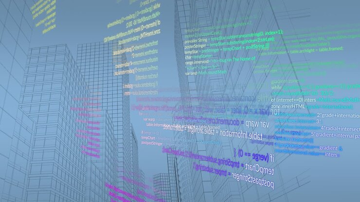 Animation af databehandling over moderne kontorbygninger