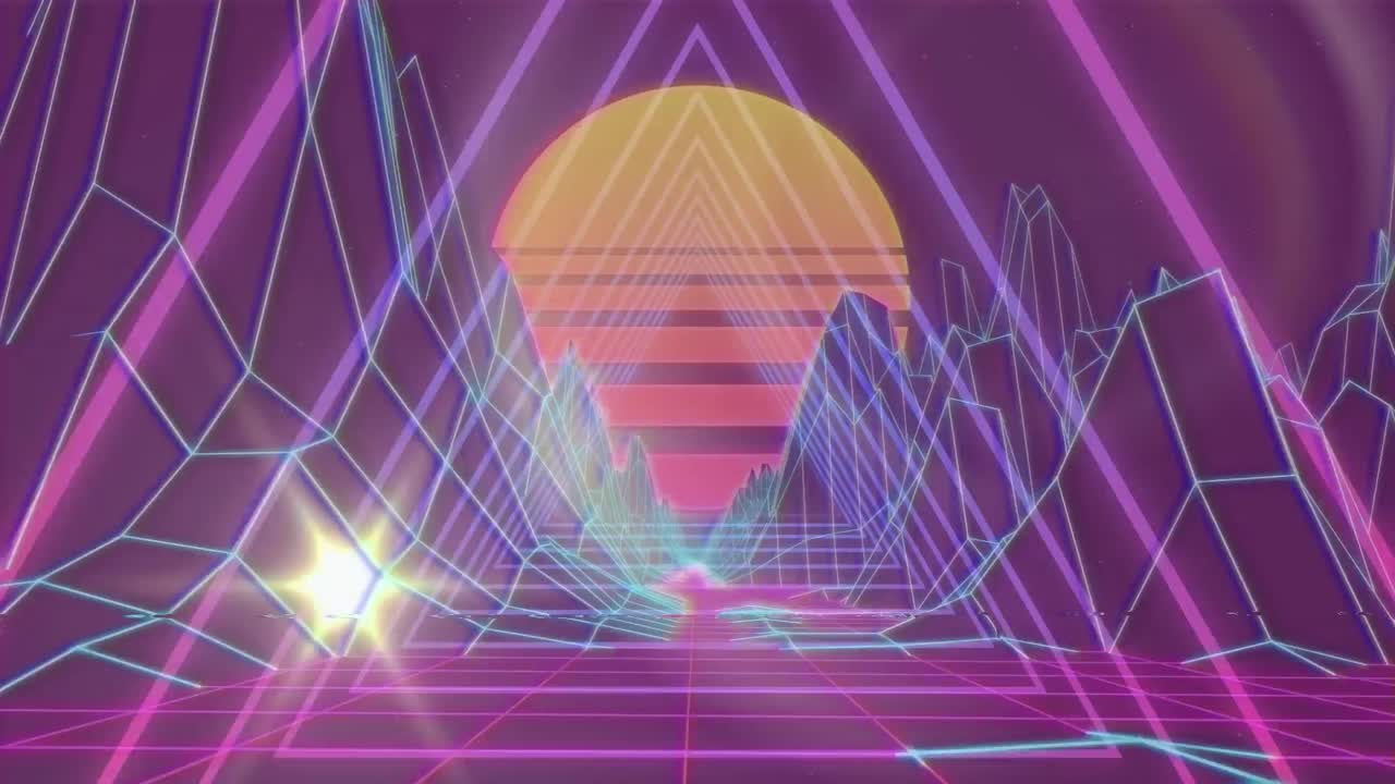 추상적인 배경에 대한 태양과 렌즈 플레어와 함께 산의 3d 모델의 애니메이션