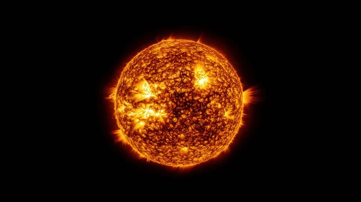 A video still of the sun in space, captured from a direct angle, showcasing fiery solar flares