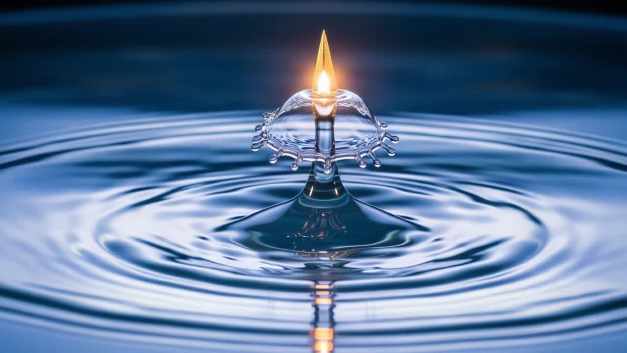 A Beautiful Display of Water Droplet Dynamics with a Glowing Flame, Captured in Stunning Detail Amidst Calming Ripples, Exemplifying Nature's Intricate Interplay Between Elements