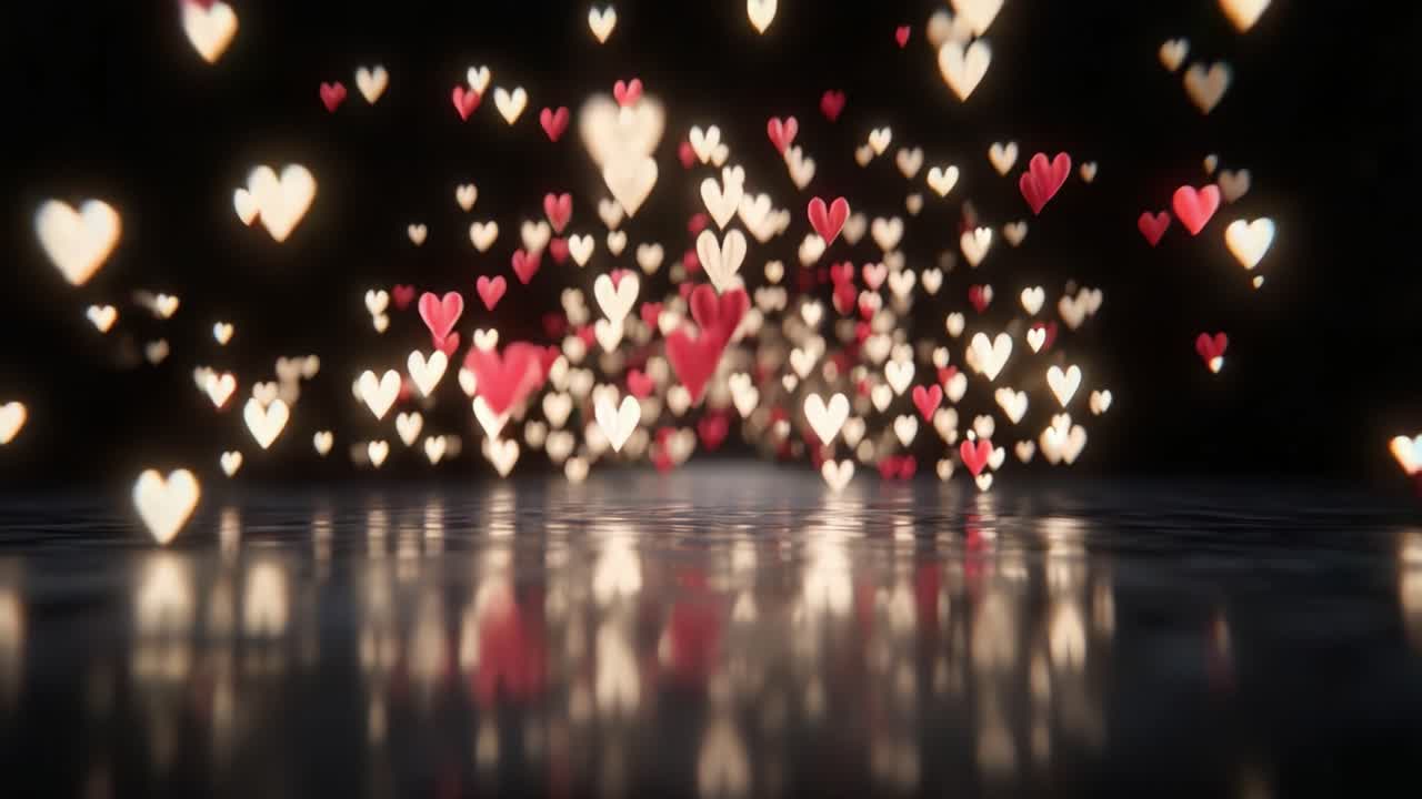 Un Affascinante Spettacolo di Cuori Fluttuanti che Creano un'Atmosfera Incantevole, Perfettamente Riflessi in un Ambiente Scuro, Evocando Sentimenti di Amore e Serenità