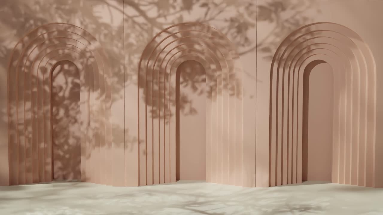 Geometric arched yellow wall with layered cutouts and shadows of tree branches. 3D architectural background. Design for banner, poster, wallpaper, and header.