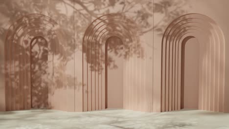geometric arched yellow wall with layered cutouts and shadows of tree branches. 3d architectural background. design for banner, poster, wallpaper, and header.