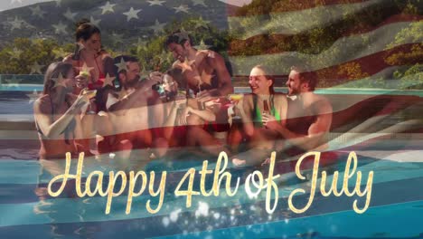 grupo de amigos en una piscina y la bandera estadounidense con un feliz 4 de julio texto