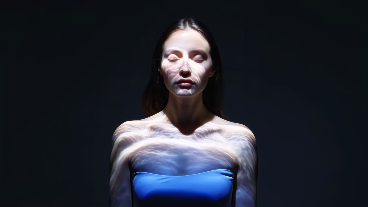 Serene Woman with Water Ripple Light Projected on Her Body
