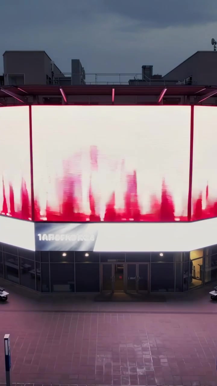 Video vertical: Inicio de la reproducción, pantalla LED curva y panel informativo mostrando contenido en una plaza para anuncios.