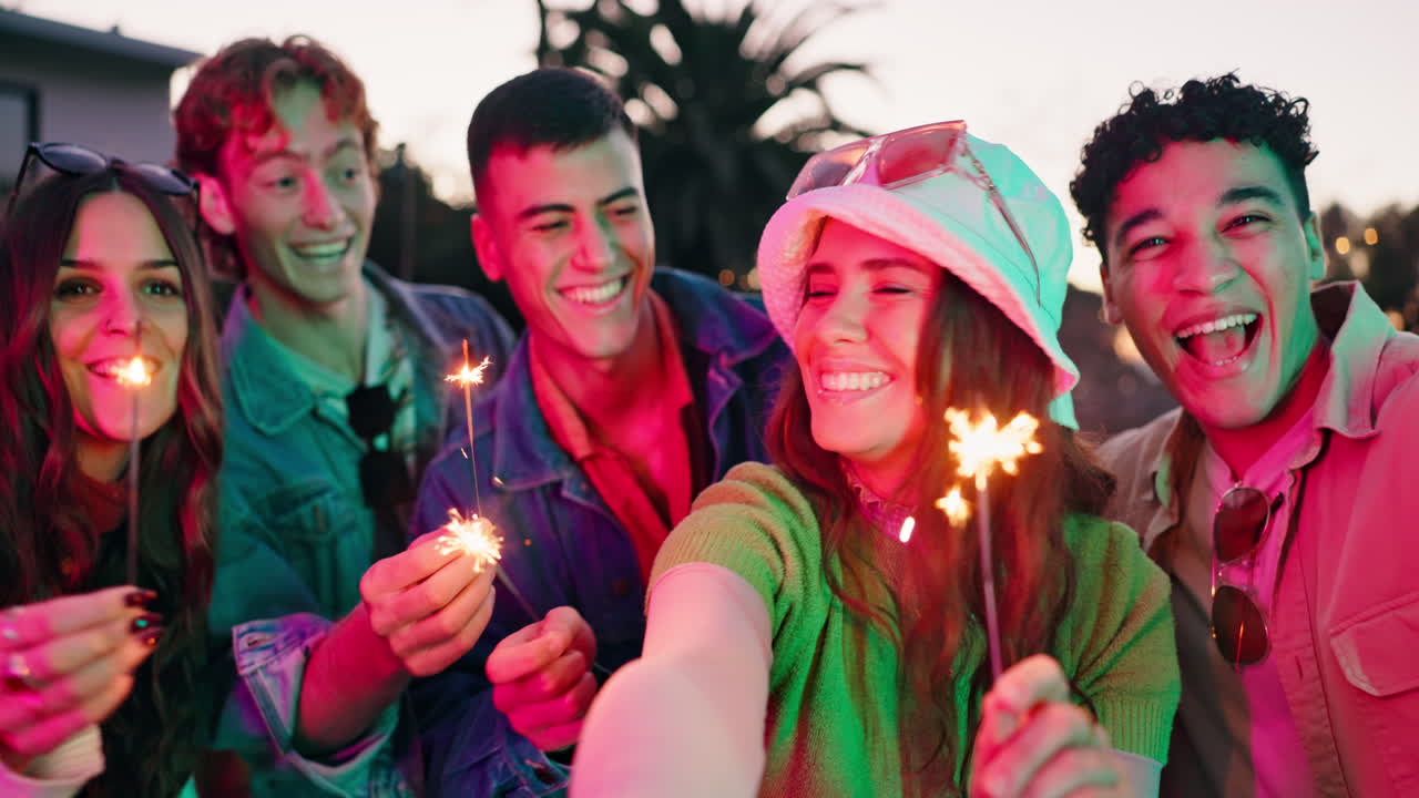 Group of young people celebrating with sparklers