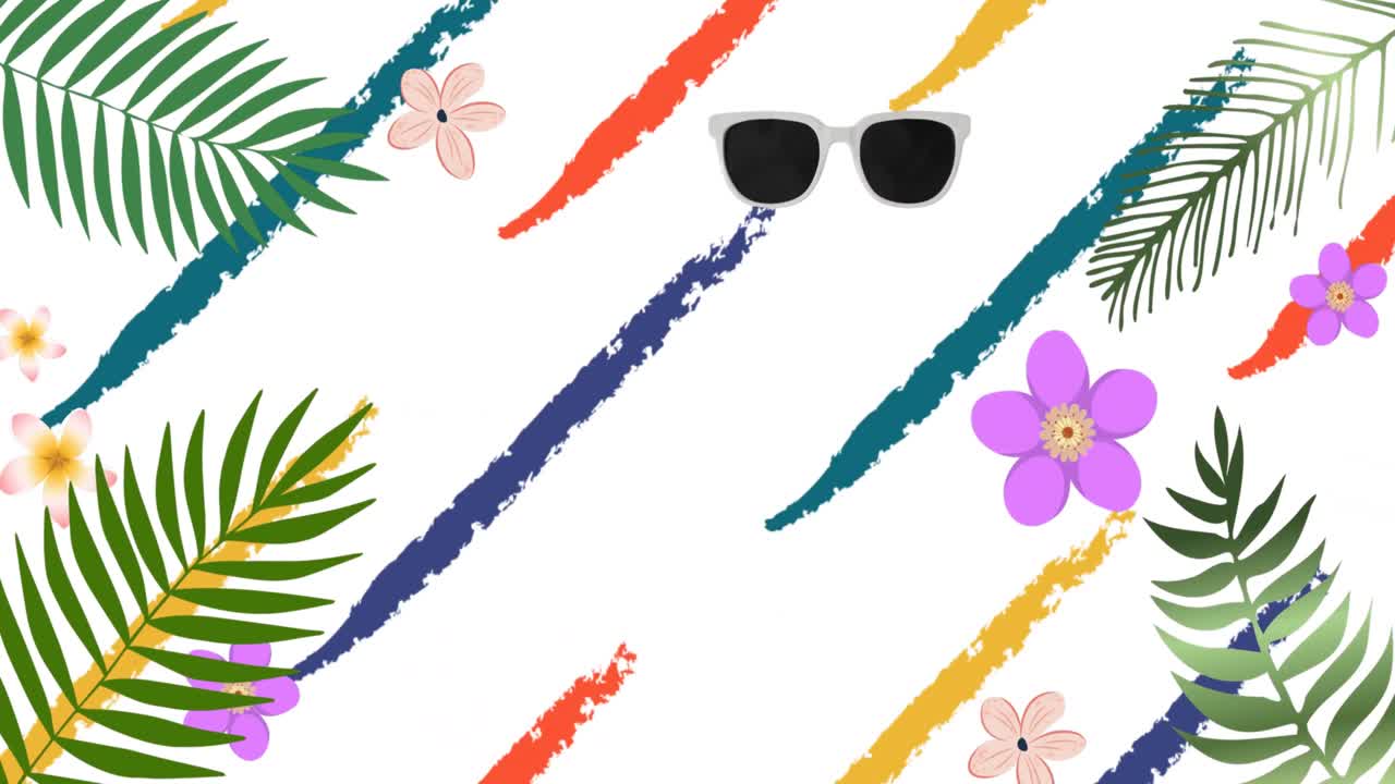 Animation of sunglasses, plants and flowers over white background