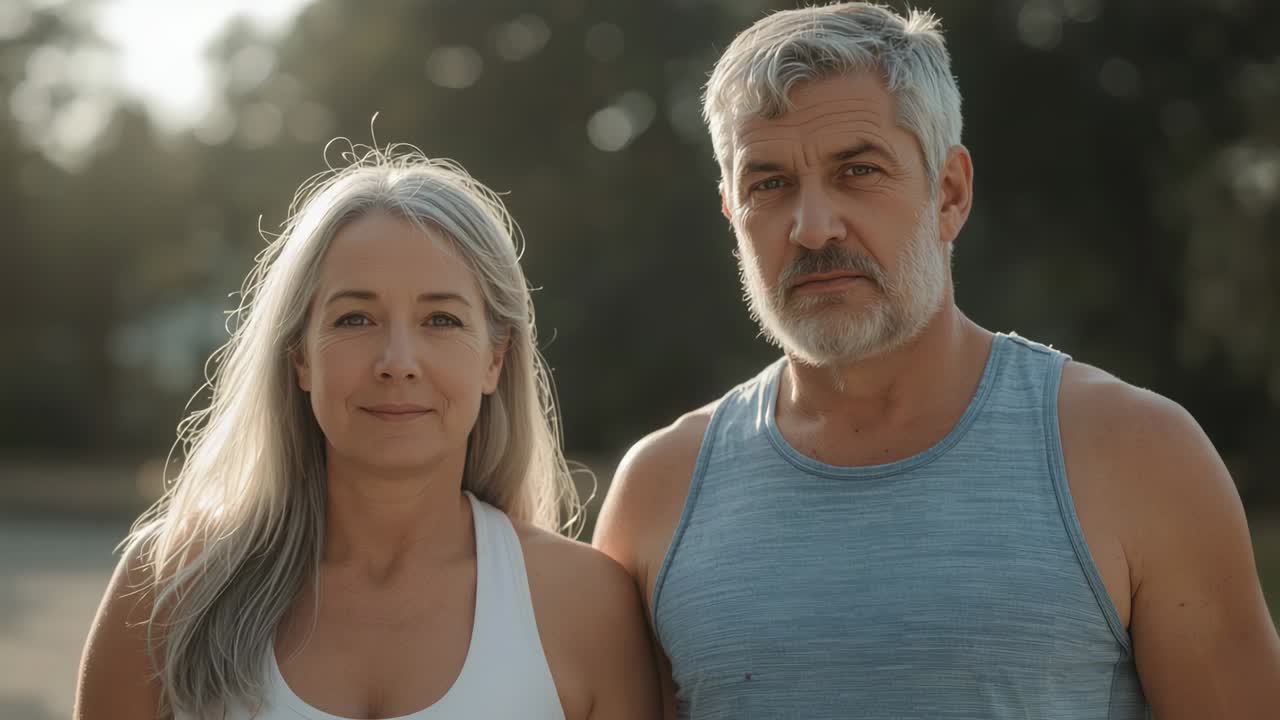 Casal posando no parque enquanto a câmera começa a filmar: ela sorrindo e fechando os olhos, ele olhando para ela, de regata.